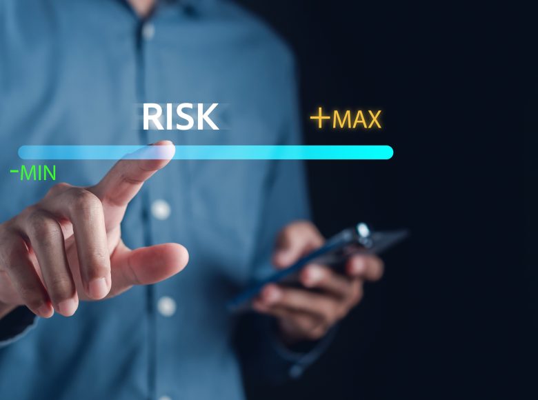 High Risk of Business decision making and risk analysis. Measuring level bar virtual, Risky business risk management control and strategy.