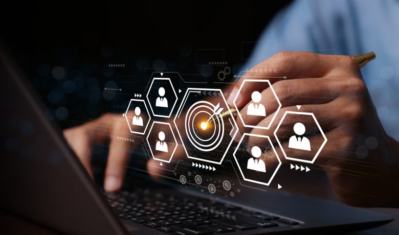 White dartboard and White arrow connection linkage with human icon for customer focus target group and customer relation management concept.